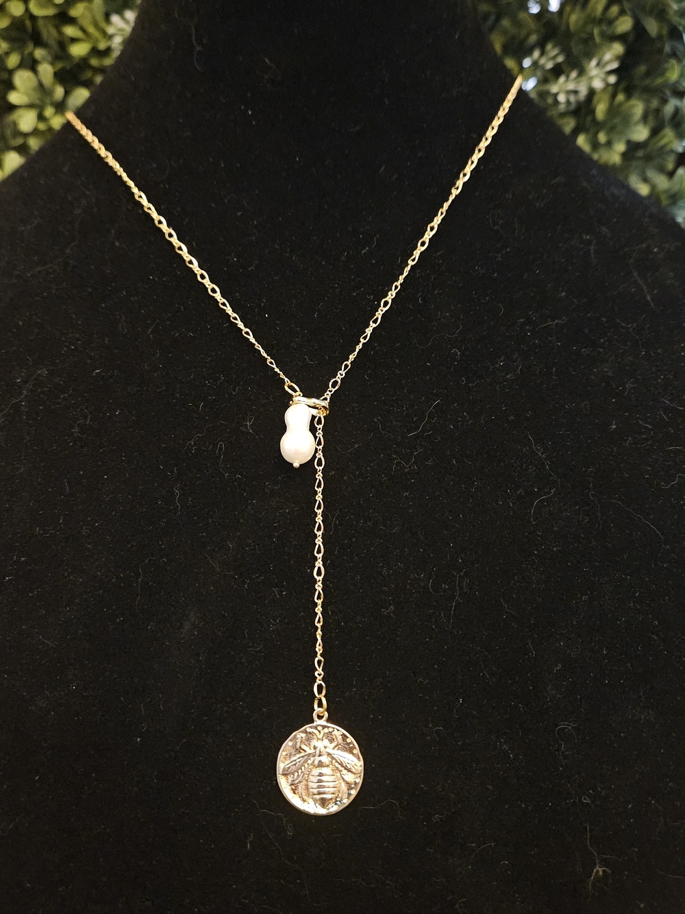 Stunning Bee And Pearl Golden Necklace, Gold-Filled